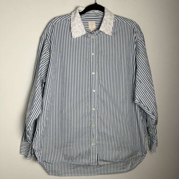 Gap X DOEN Eyelet Lace Collar Button Down Big Shirt Blue Stripe 100% Cotton L - Picture 4 of 11